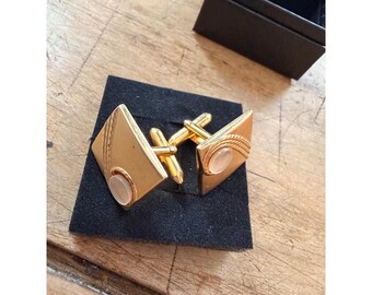 SWANK Gold-Tone Cufflinks With Mother-Of-Pearl Inlay & Rope Detail In Black Gift Box