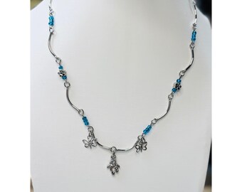 Butterfly & Bear Charm Silver Necklace With Blue Beads