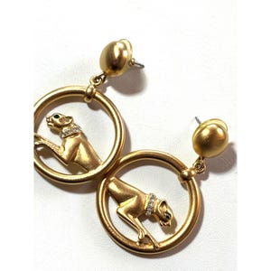 Vintage &#39;80s Jackie Collins Gold Tone Green Eyes Panther Drop Pierce Vintage Gold-Tone Hoop Earrings With Panther Design