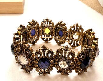 Vintage Gold-Tone Stretch Bracelet With Multi-Color Gemstones & Ornate Filigree Design