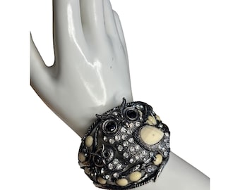 Vintage Silver-Tone Owl Cuff Bracelet With Rhinestones & Ivory Accents - Statement Jewelry