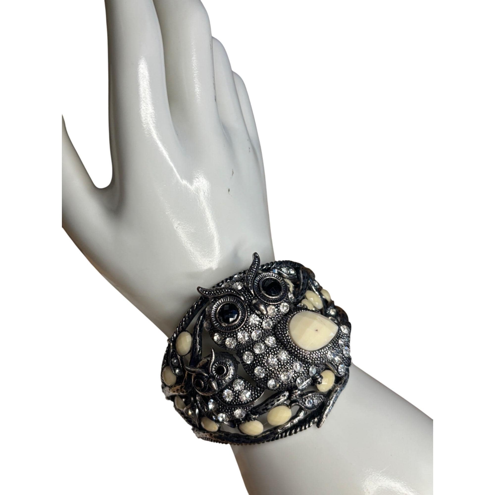 Vintage Silver-Tone Owl Cuff Bracelet With Rhinestones & Ivory Accents - Statement Jewelry