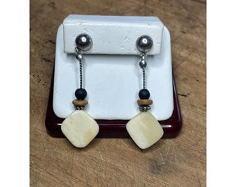 Dangling Earrings with Ivory, Wood, and Black Beads on Silver Chain Studs