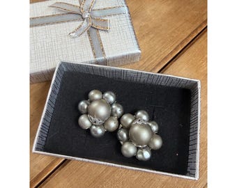 Vintage Clip-On Silver Pearl Cluster Earrings In Gift Box
