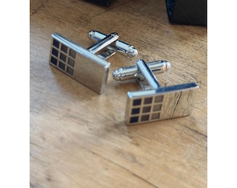 Silver Rectangle Blue Grid Design Cufflinks In Quilted Black Gift Box