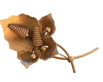 Vintage Gold-Tone Floral Brooch Pin With Textured Petals & Coiled Accents