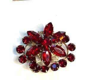 Vintage Red Rhinestone Flower Brooch Pin With Box