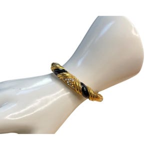 Gold-Tone Hinged Bangle Bracelet With Black Enamel & Rhinestone Accents