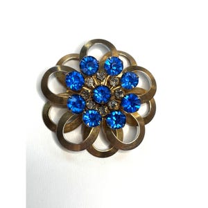 Vintage Gold-Tone Floral Brooch With Blue Rhinestones & Clear Accents