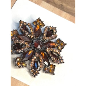 Vintage Crystal Floral Brooch Pin With Amber & Topaz Rhinestones