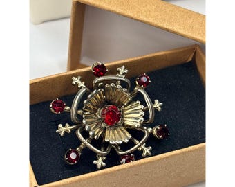 Vintage Gold-Tone Red Rhinestone Brooch Pin With Floral Design In Original Box