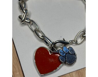 Silver Chain Bracelet W/ Red Heart & Blue Paw Charm Legacy Brand Handmade USA
