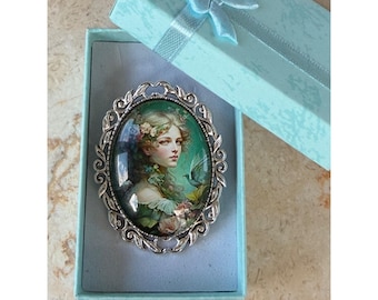 Vintage-Style Oval Brooch With Floral Woman Artwork & Filigree Frame In Gift Box