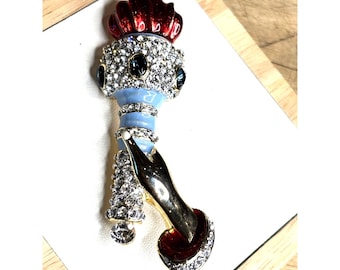 Vintage Large Enamel And Rhinestones 'Lady Liberty' Torch Brooch/Pin Recast