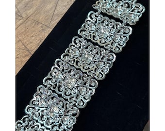 Vintage-Inspired (Sarah Coventry?) Silver Tone Filigree Cuff Bracelet With Rhinestone Detailing