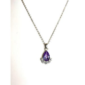 Lab created amethyst  Silver Necklace With Purple Teardrop Pendant & Clear Rhinestone Accents Adjustable Clasp