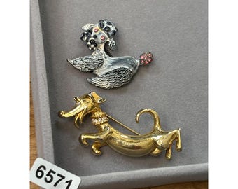 Vintage Gold  Silver-Tone Dachshund  Poodle Dog Brooch Pins With Rhinestone Accents