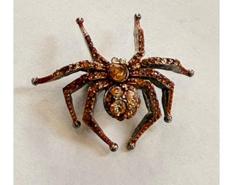 Spider-Shaped Rhinestone Brooch With Amber & Clear Crystals Vintage-Inspired Design Gold-Tone Finish 2 Inches Wide