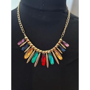 Gold-Tone Statement Necklace With Colorful Gemstone Accents & Chain