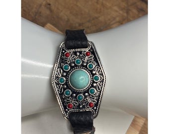 Lucky Brand Leather Bracelet, Turquoise & Red Stone, Boho Silver Tone