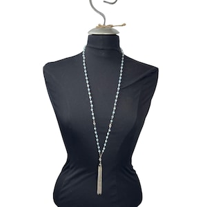Long Silver & Blue Beaded Necklace With Chain Tassel Pendant