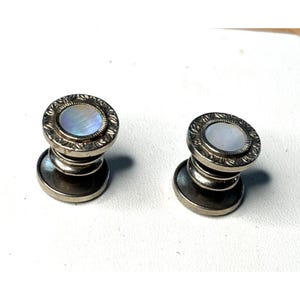 Antique Silver Tone & Mother Of Pearl Cufflinks With Ornate Design