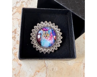 Cat-Inspired Galaxy Art Pin Brooch With Decorative Silver-Tone Leaf Edges 1.5-Inch Diameter
