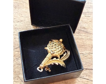 Vintage Gold-Tone Thistle Pin Brooch With Leaf Design & Box