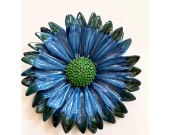 Vintage Blue Enamel Daisy Flower Brooch Pin - 2 Inches - Retro Floral Jewelry