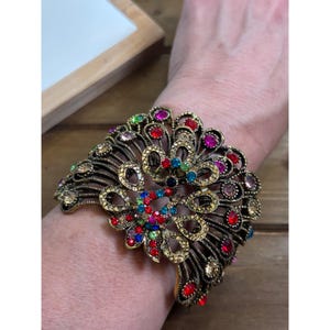 Vintage Gold Tone Multicolor Rhinestone Filigree Cuff Bracelet