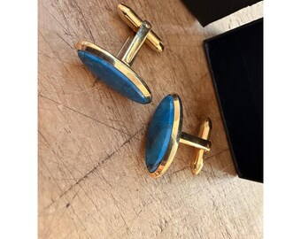 Vintage Gold-Tone Oval Blue Stone Cufflinks In Gift Box