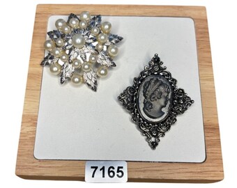 Vintage Silver Pearl Leaf Brooch & Cameo Pin Set