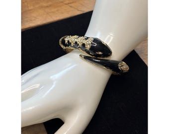 Gold Black Snake-Inspired Hinged Bangle Bracelet With Rhinestone Embellishments