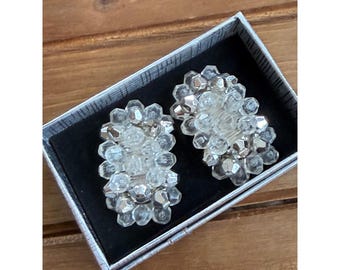 Vintage Clear & Silver Beaded Clip-On Earrings In Gift Box