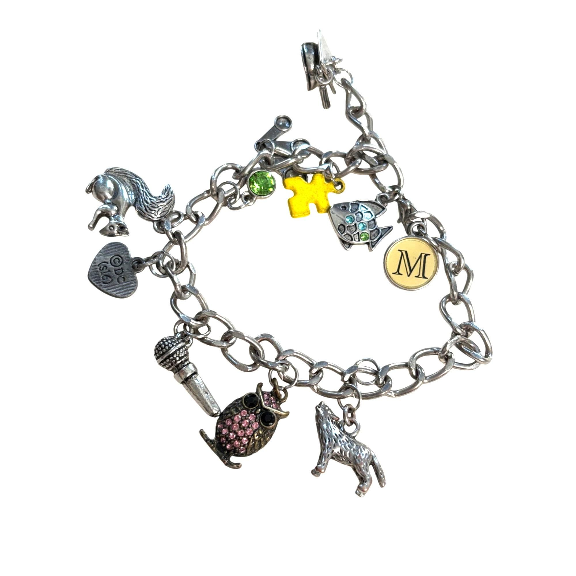 Silver Charm Bracelet W/ Owl Squirrel Fish Heart & Letter M Charms BATMAN