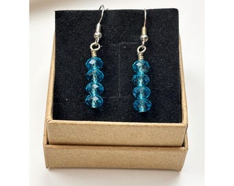 Blue Crystal Bead Dangle Earrings With Silver Hooks