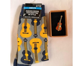 Mens Guitar-Themed Fashion Socks Size 6-12 & Miniature Guitar Pin Set- great gift idea!