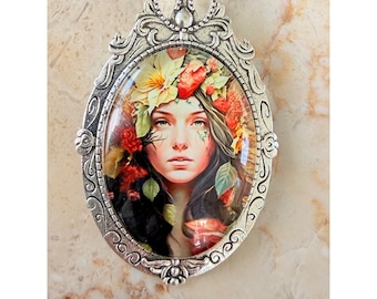 Vintage-Style Floral Art Brooch With Ornate Silver Frame Oval 3" Portrait Pin Or Pendant