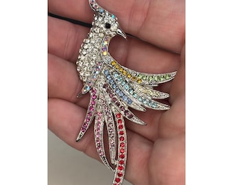 Broszka w kształcie ptaka rajskiego w stylu vintage, wielokolorowa, z kryształkami i ptasim feniksem