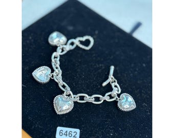 Heart Charm Silver Tone Bracelet With Toggle Clasp 7.5"