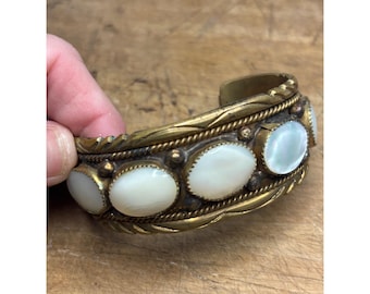 Vintage Brass Cuff Bracelet, Mother of Pearl Inlay, Boho Jewelry