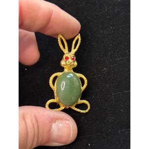 Vintage Gold Bunny Pin Brooch W/ Green Gemstone Body & Red Eyes