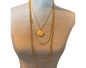 Locket pendant 4 tier necklace Gold Plated Multi-Layer Necklace With Floral Etched Locket Pendant