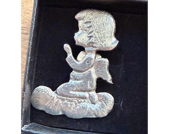 Angel Lapel Pin On Cloud With Box - Silver Tone - Small Size Collectible Pin