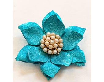 Turquoise Metal Flower Brooch With Faux Pearl Center Floral Pin Jewelry 3 Inches
