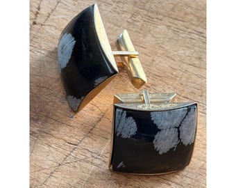 Vintage snowflake Obsidian & Gold-Tone Square Cufflinks In box