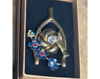 Vintage Bronze Wishbone Brooch With Amber Swirl & Floral Design