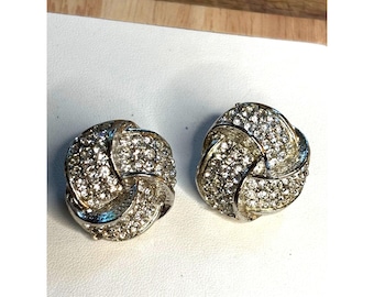 Vintage Silver-Tone Rhinestone Knot Clip-On Earrings
