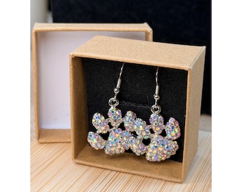 Sparkling Paw Print Dangle Earrings With Rhinestones Silver-Toned Hooks Lightweight Design Great For Animal Lovers & Accessory Enthusiasts.