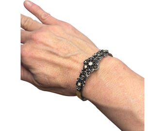 Vintage Silver Hinged Bracelet With Pearl Accents & Intricate Floral Detailing For Women